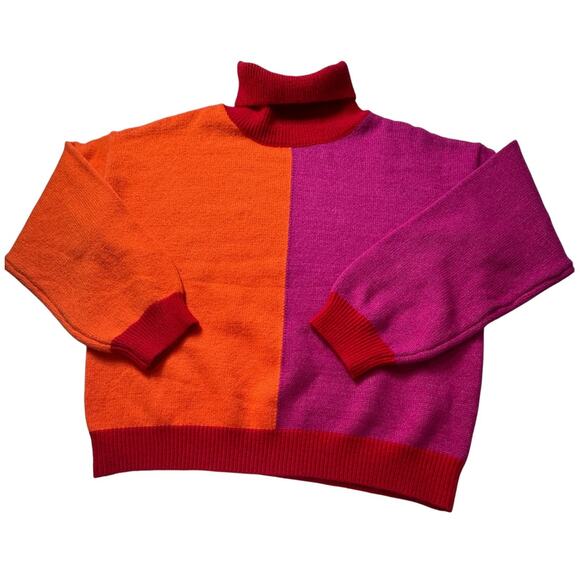 Colorblock Pink Orange Turtleneck Sweater Disco Neon Dopamine Glam Rock Women L - Picture 3 of 10